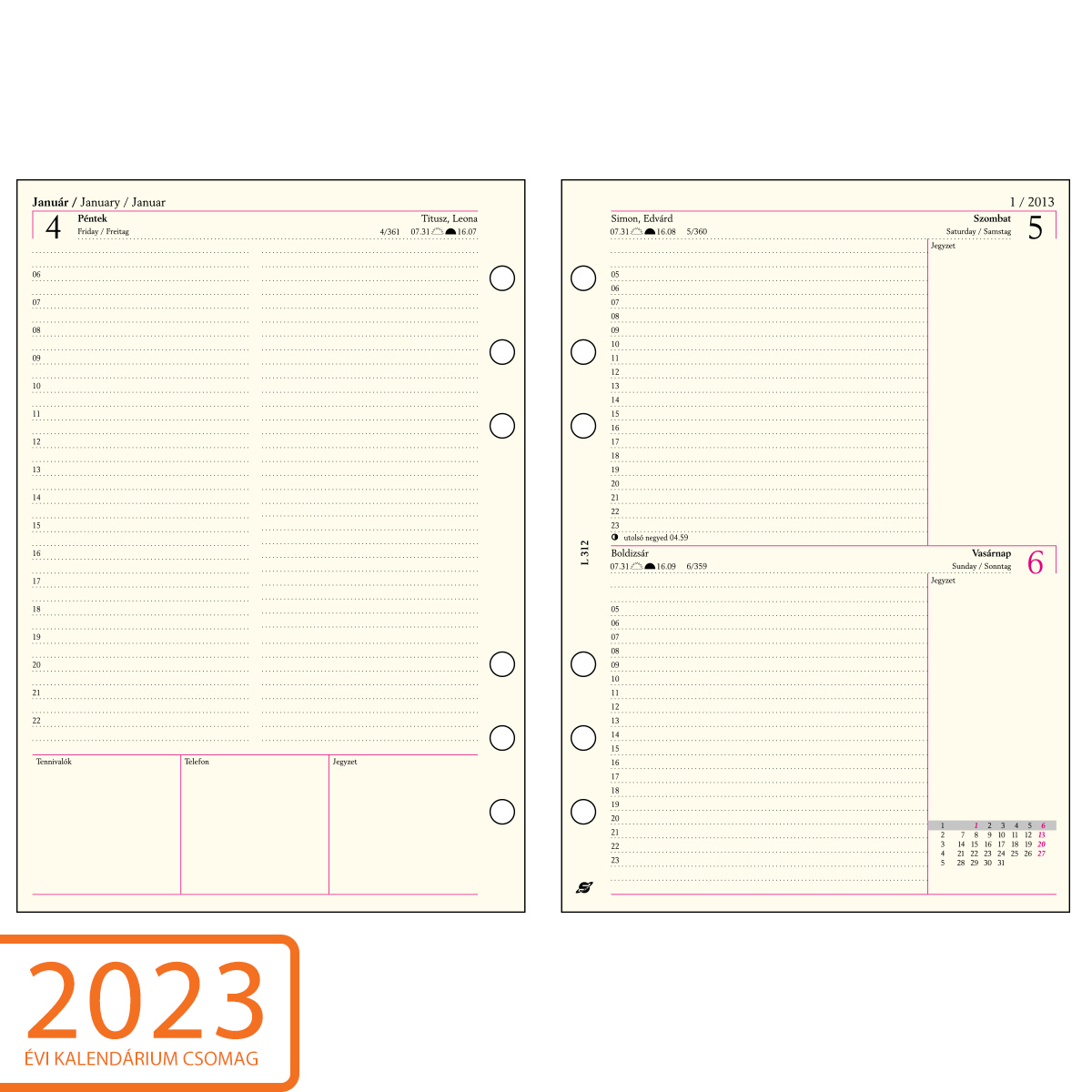 2023. évi napi beosztású kalendárium csomag - S312, Krém (Chamois)