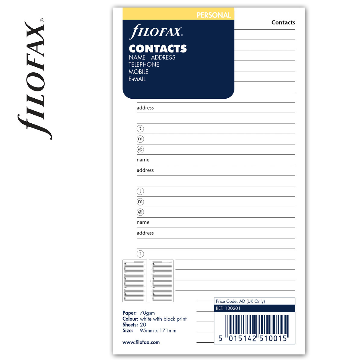 Filofax Kontakt lista (Név / Cím / Telefon / Email / Fax Mobil) Personal Fehér