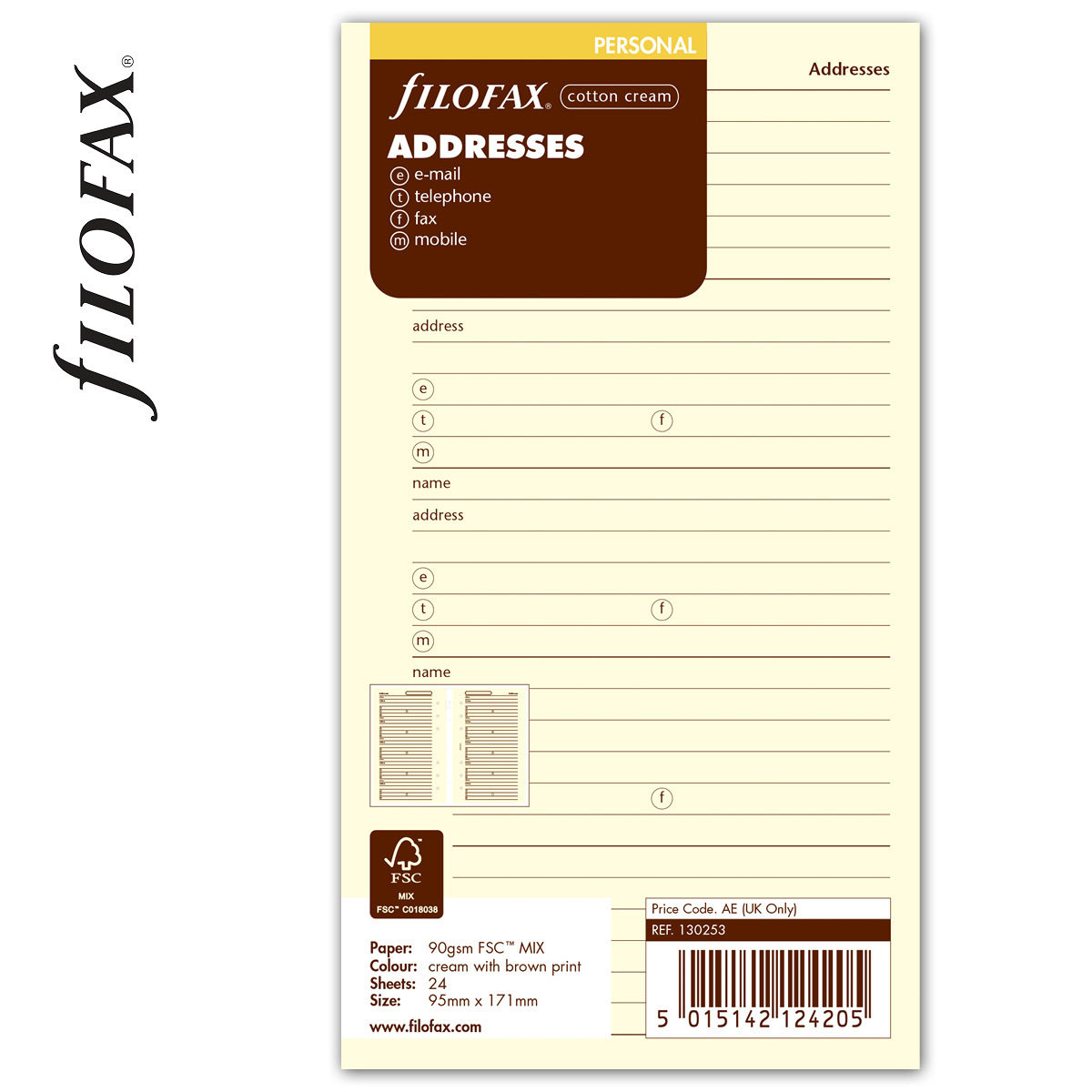 Filofax Kontakt lista (Név / Cím / Telefon / Email / Fax / Mobil) Personal Krém