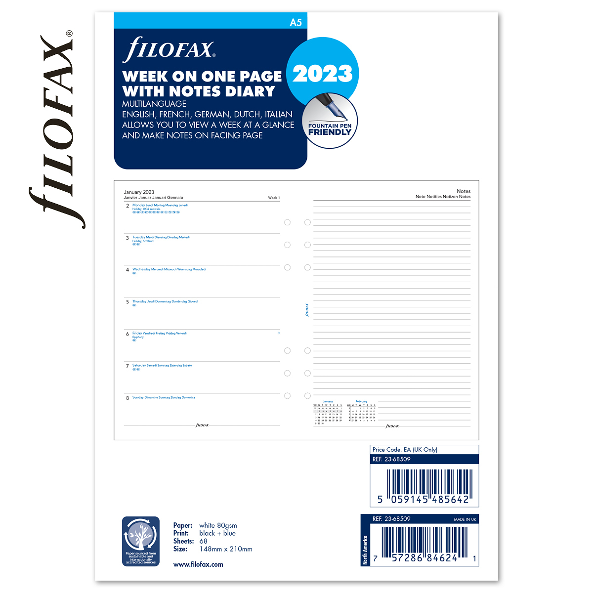 Filofax Naptárbetét Heti 1 hét / 1 oldal + 1 oldal jegyzet A5 Fehér 2023