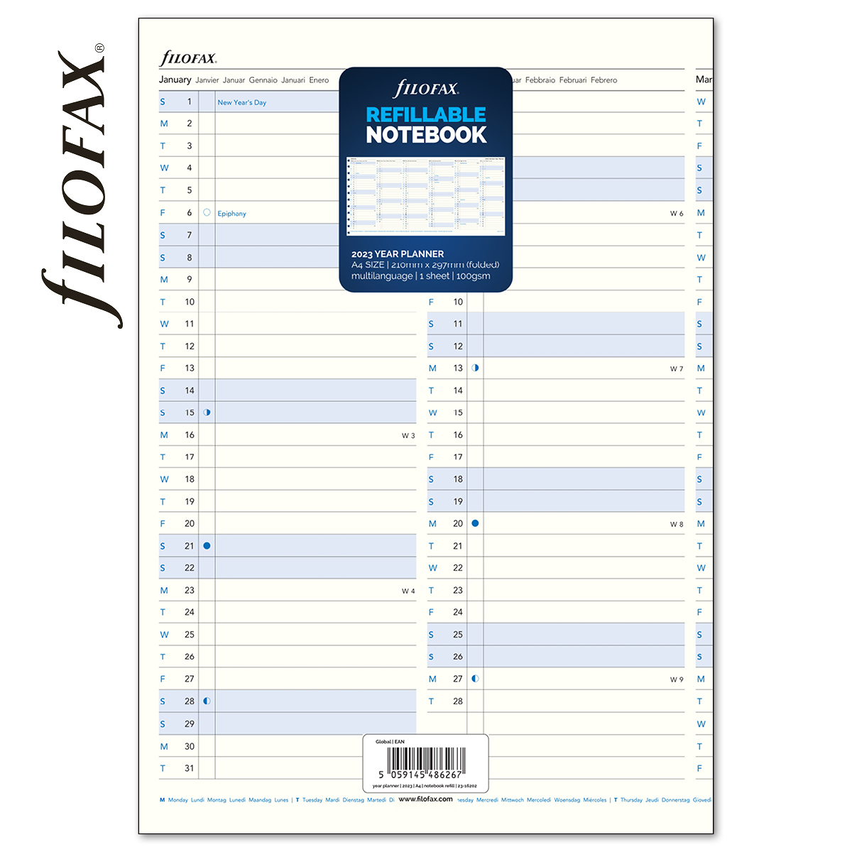 Filofax Notebook Naptárbetét Éves vertikális A4 Fehér 2023