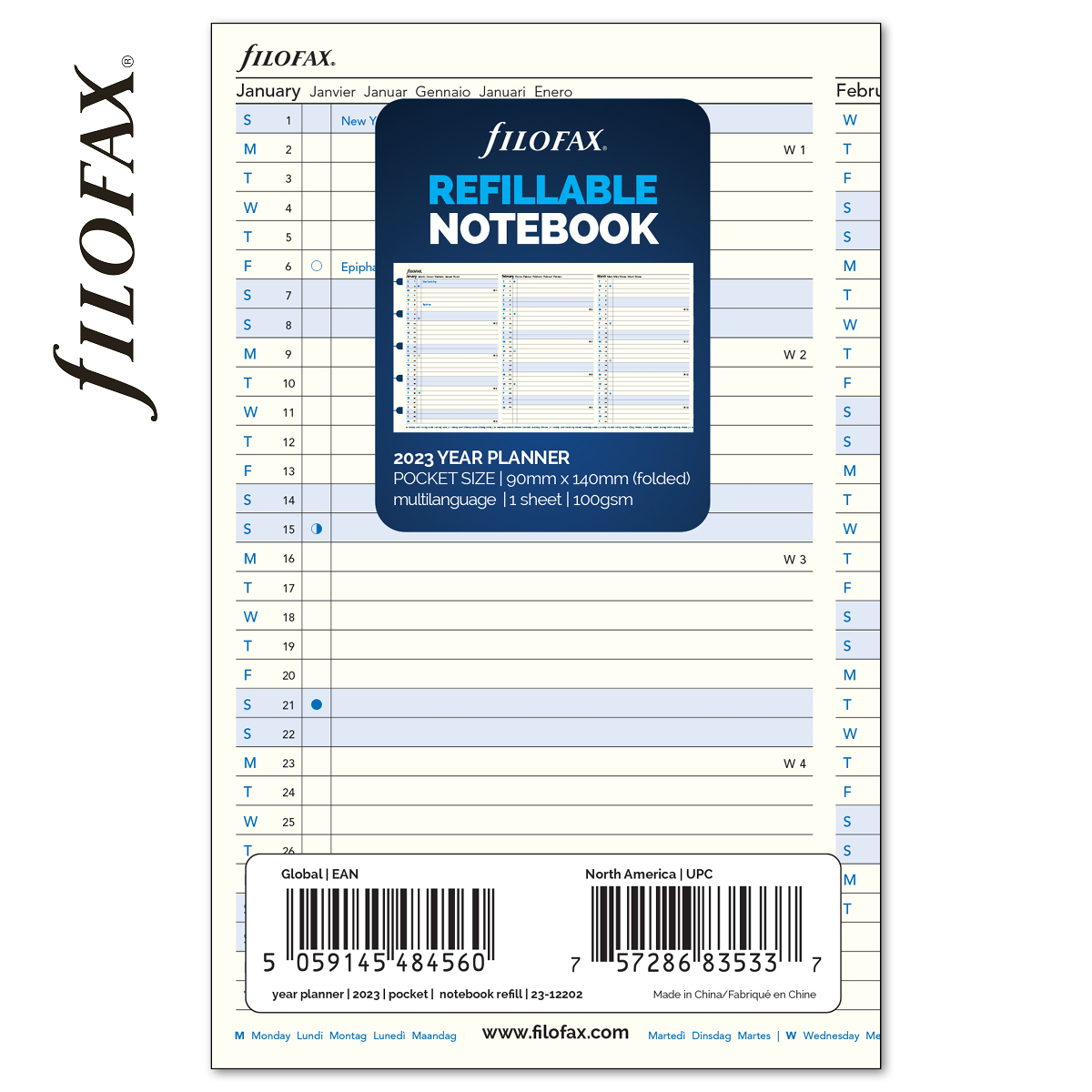 Filofax Notebook Naptárbetét Éves vertikális Pocket Fehér 2023