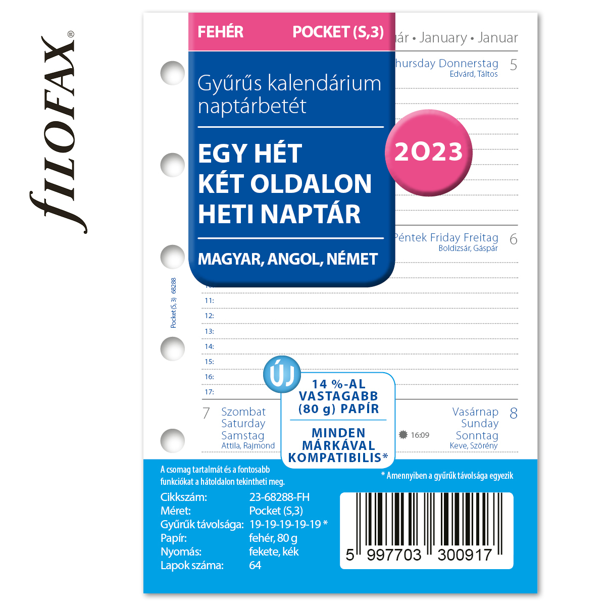 Filofaxhoz Naptárbetét Heti 1 hét / 2 oldal Magyar (H-GB-D) Pocket 2023 Fehér